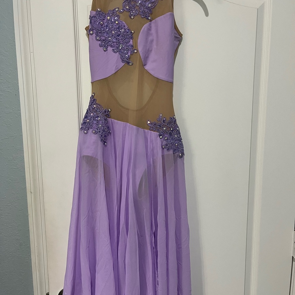 Elegant Purple Sheer Dress with Floral Embellishments and Rhinestones